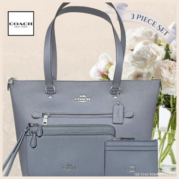 Coach Handbags - COACH LEATHER 3 PIECE SET Marble Blue Gallery Tote Double Zip Wallet + Card Case
